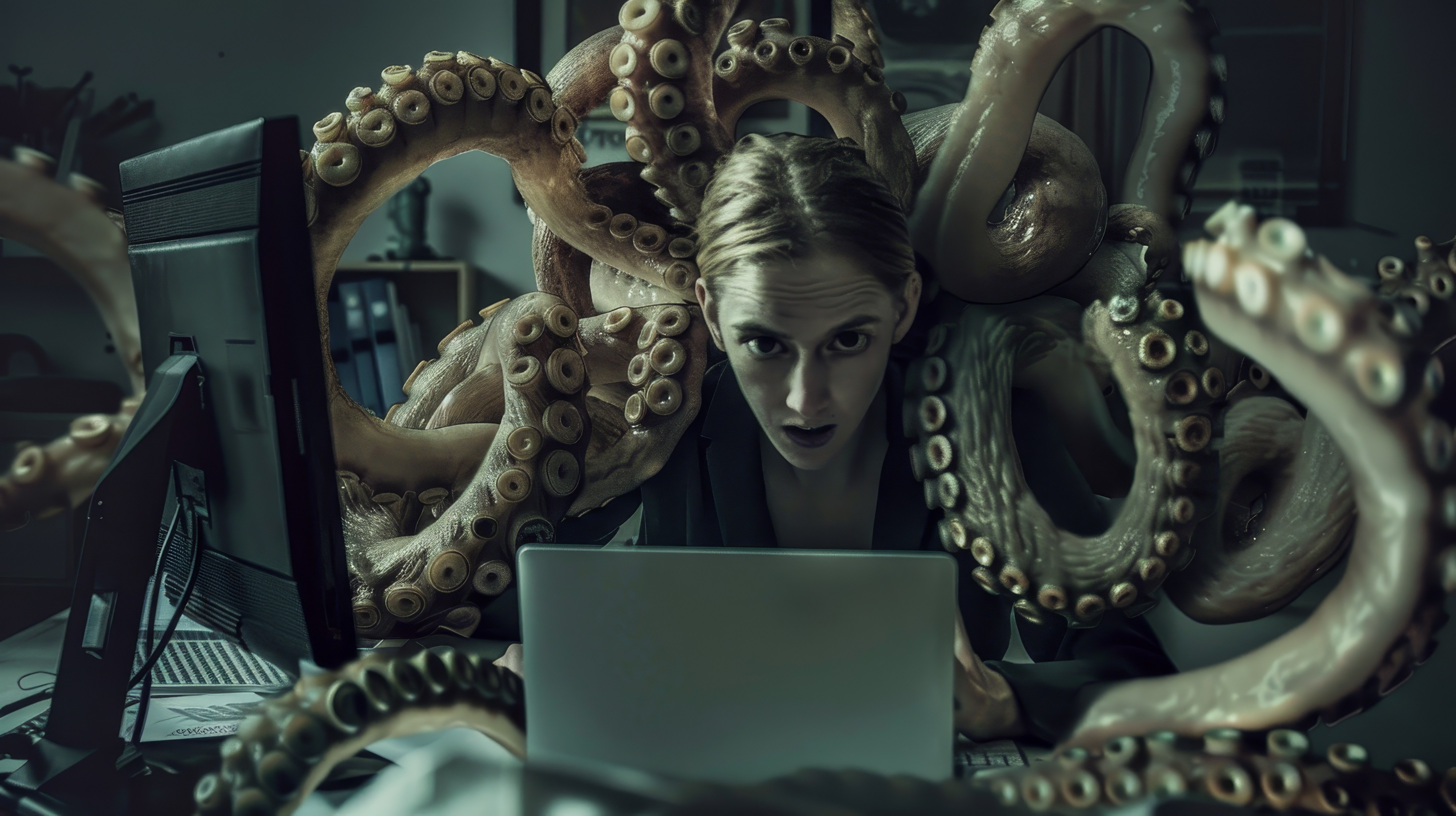 Mulher diante de um notebook cercada por tentáculos, ilustrando os riscos de privacidade no uso de IA