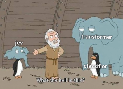 Meme em que o Jev aparece como um híbrido corpo de pinguim e cabeça de elefante, misturando um transformer e um classificador