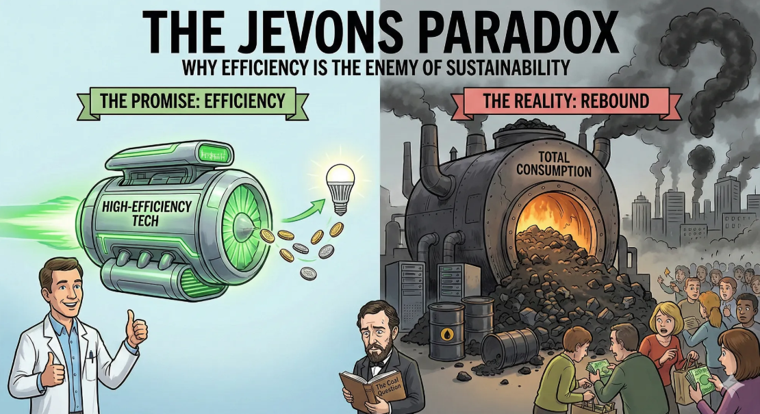 Ilustração do paradoxo de Jevons: eficiência promete economia, mas o consumo total aumenta.