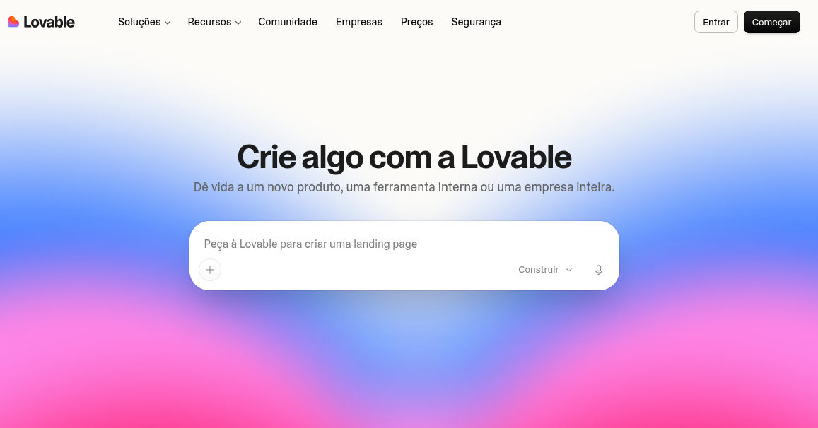 Página inicial do Lovable com o campo de prompt para criar um app